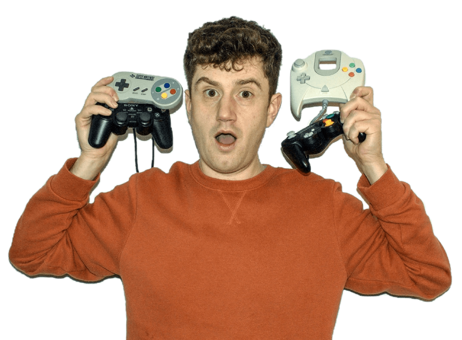 Man looking confused whilst holding controllers
